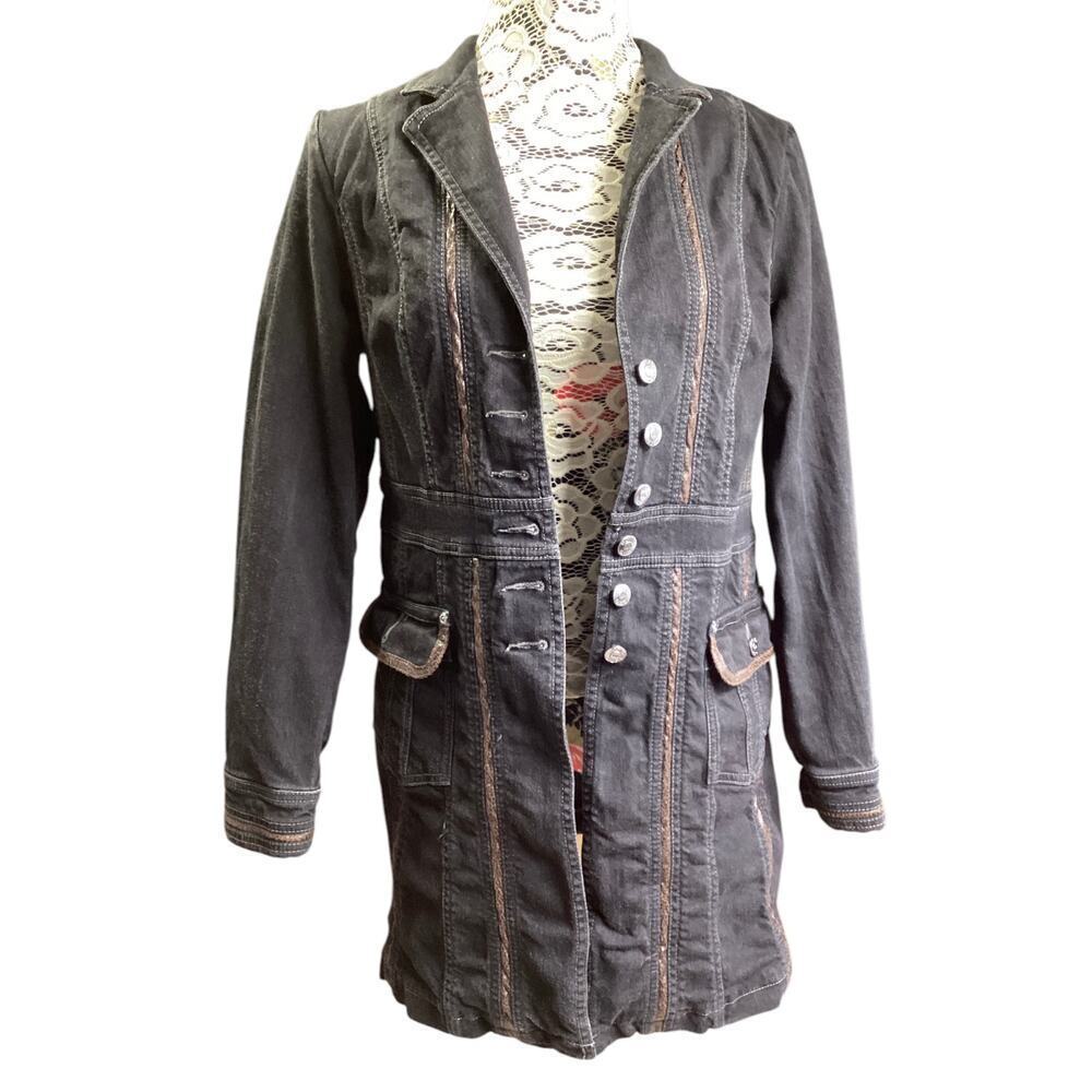 Motto women's long denim jacket faux leather accent button black S-